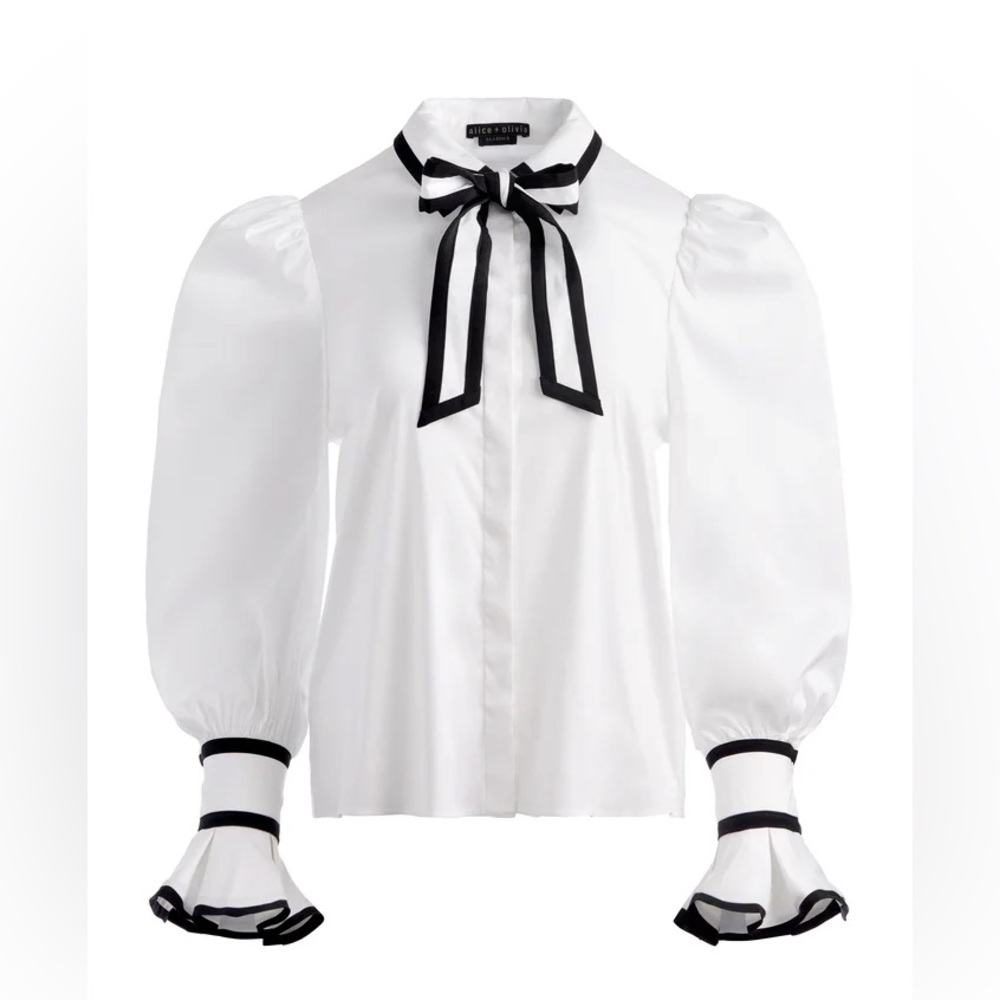 Alice + Olivia White Puff-Sleeve Blouse with Black Trim & Bow